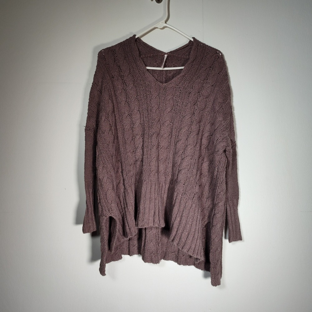Free People Easy Cable Knit V-Neck Oversized Cotton Sweater Brown Tan XS